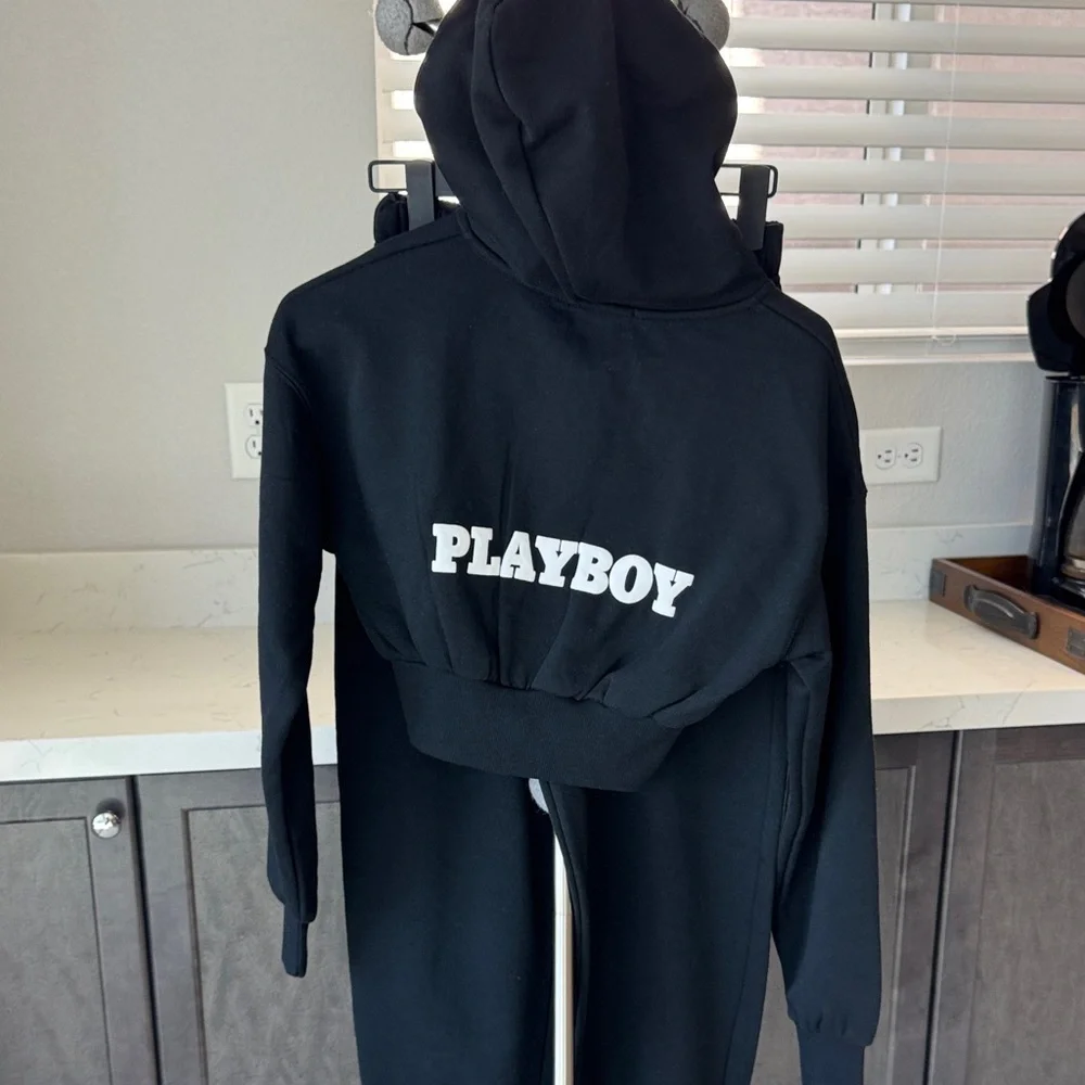 PLAYBOY Black Hoodie and Jogger Set with White Bunny Logos - Picture 6 of 14